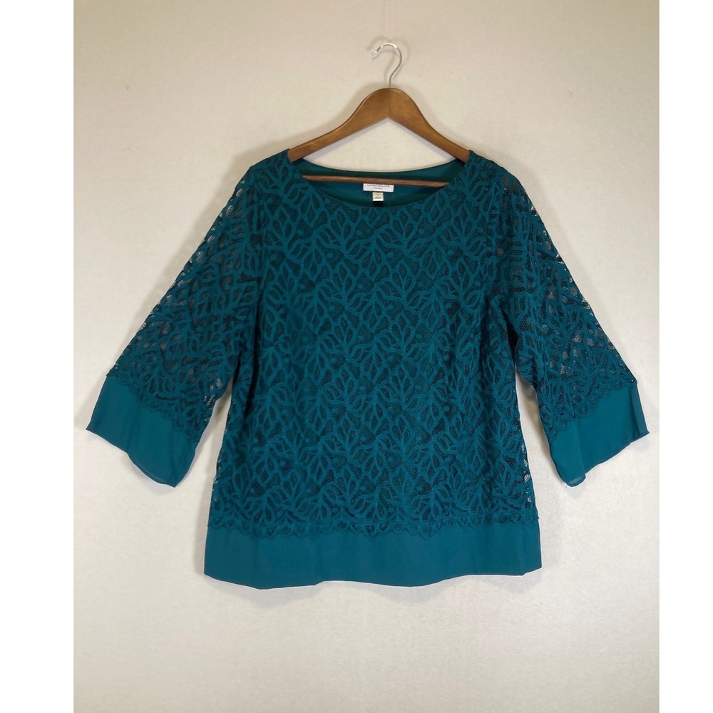 Boho Charter Club Women 1X Teal Blue Lace Overlay Bell Sleeve Blouse Top